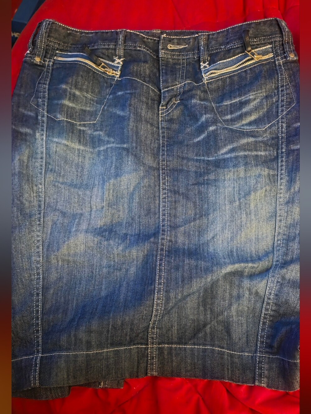 Armani Exchange Dark Indigo Denim Pencil Skirt with Zip Accents